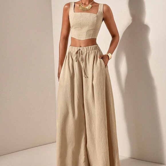 Khaki womens crop top & flowy wide legged pants textured fabric coord set - Picture 1 of 8